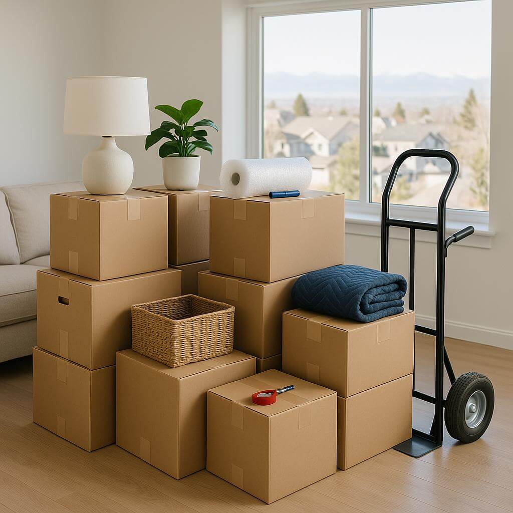 Neatly packed moving boxes and supplies in a modern living room of an Aurora, Colorado home, ready for a move, with natural light and no people visible.