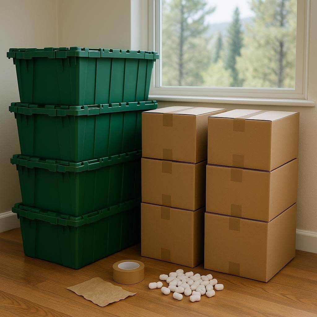 Reusable packing bins and recycled cardboard boxes neatly arranged in a sunlit room, promoting eco-friendly moving practices in Colorado.