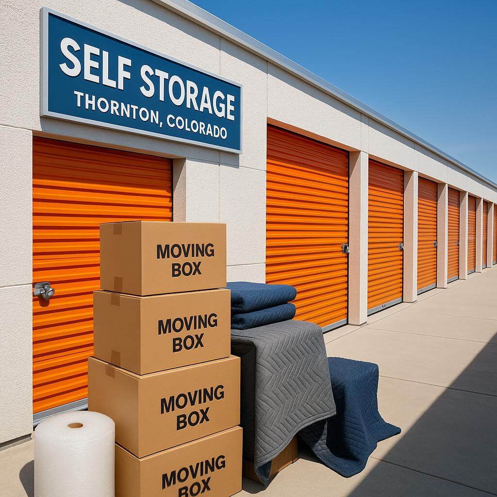 Neatly stacked moving boxes in front of clean self-storage units at a professional facility in Thornton, Colorado, photographed in natural daylight.
