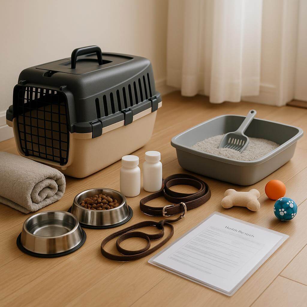 Neatly arranged pet moving essentials like a carrier, bowls, toys, leash, and documents for a stress-free relocation to a new home.