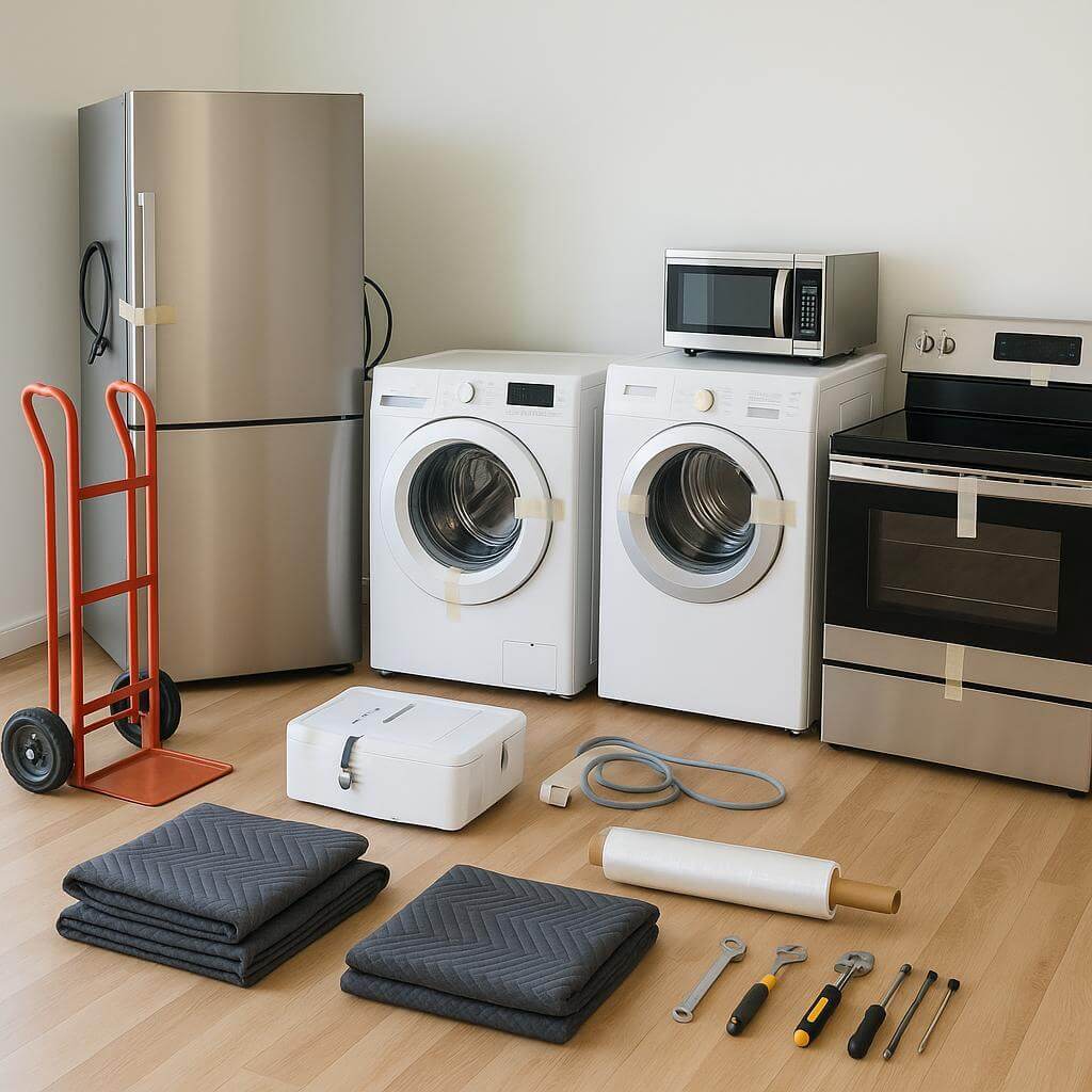 clean household appliances prepared for moving, surrounded by moving supplies, with cords secured and doors taped shut.