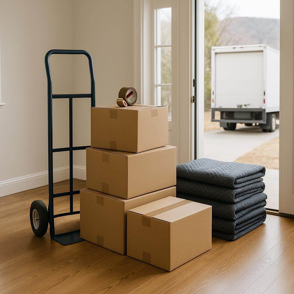Moving boxes, a hand truck, and moving blankets prepared by a doorway with a moving truck outside, illustrating the readiness and urgency of an emergency relocation.