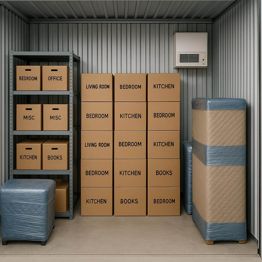 Clean, organized storage unit in Aurora with stacked moving boxes, protected furniture, and visible climate control, emphasizing secure and neat storage solutions.