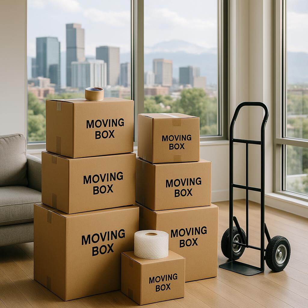 Neatly stacked moving boxes and supplies in a Denver living room with city skyline and mountains in the background, highlighting an organized relocation process.