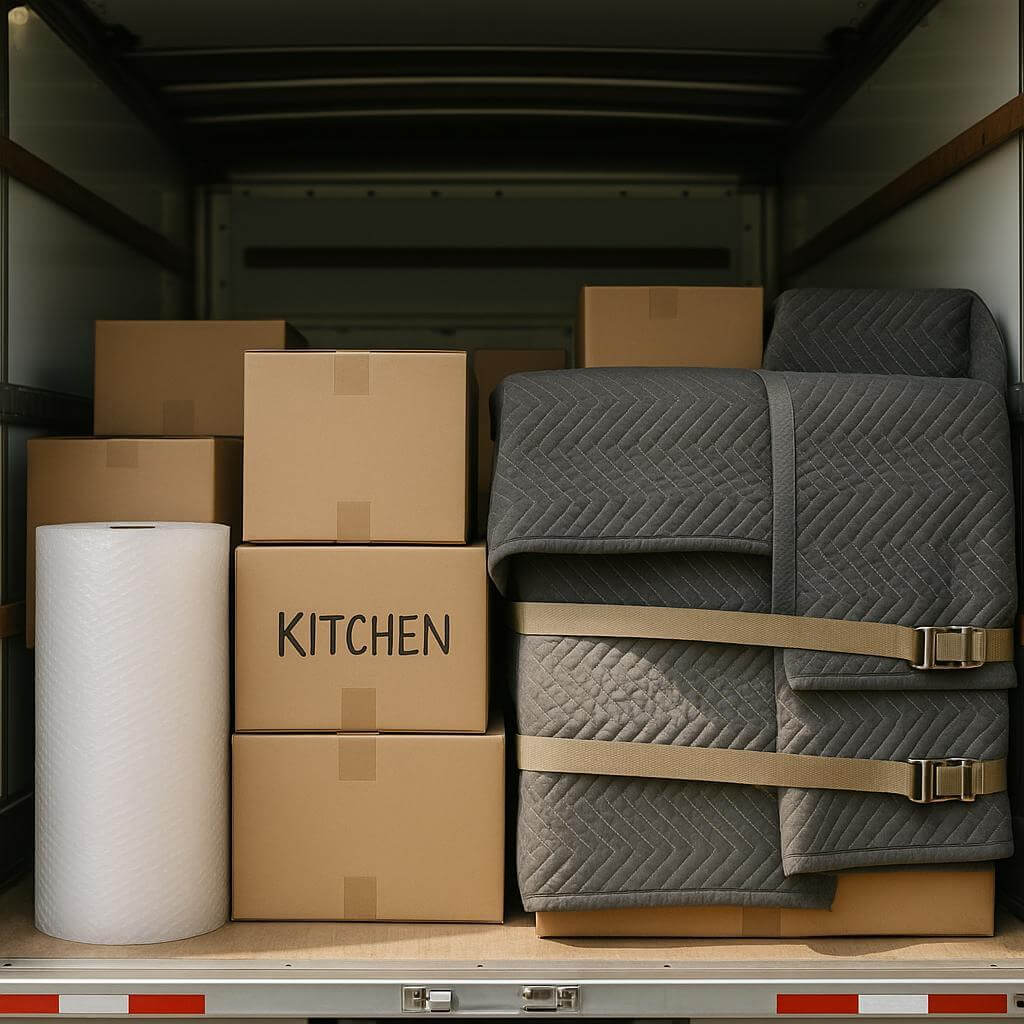 Neatly packed moving boxes and protective supplies organized inside the back of a moving truck, emphasizing safety and careful handling of belongings.