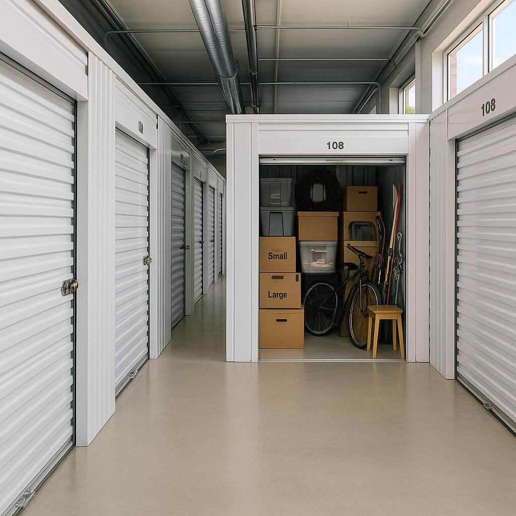 A clean and organized indoor storage facility with open and closed storage units containing boxes, sports equipment, and household items, photographed in a professional, well-lit setting.