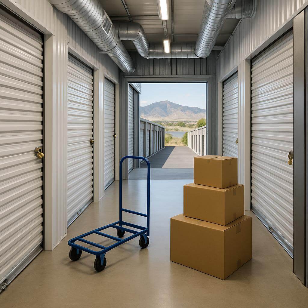 Modern climate-controlled self storage facility in Arvada, Colorado with secure storage units, moving dolly, and stacked boxes, against a clean and organized setting.