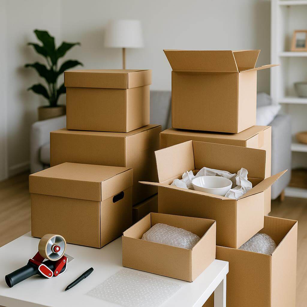 Stacked moving boxes and packing supplies in a bright, organized living room, illustrating preparations for a stress-free move in Arvada, Colorado.