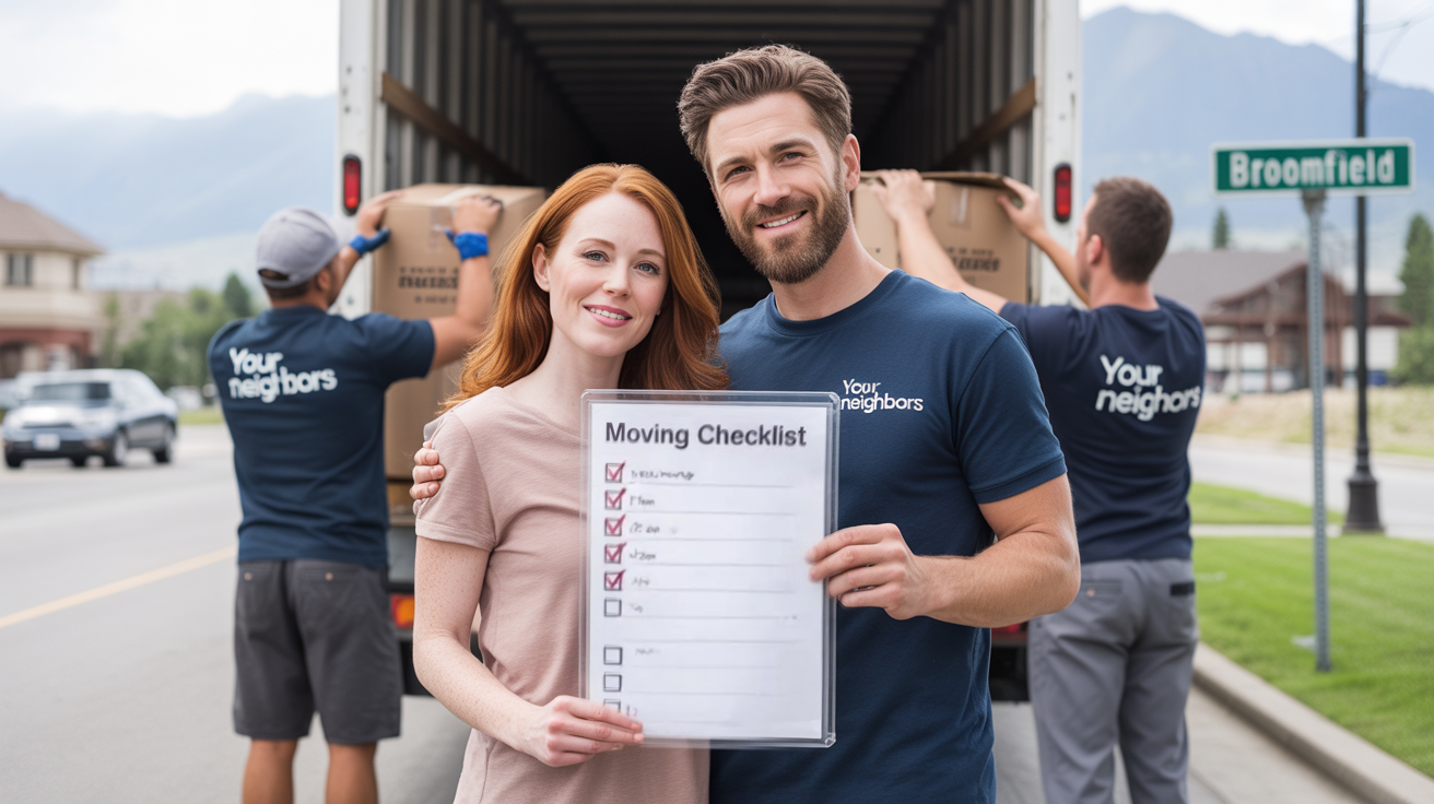 Professional movers loading a truck in Broomfield, Colorado with mountain views in the background
