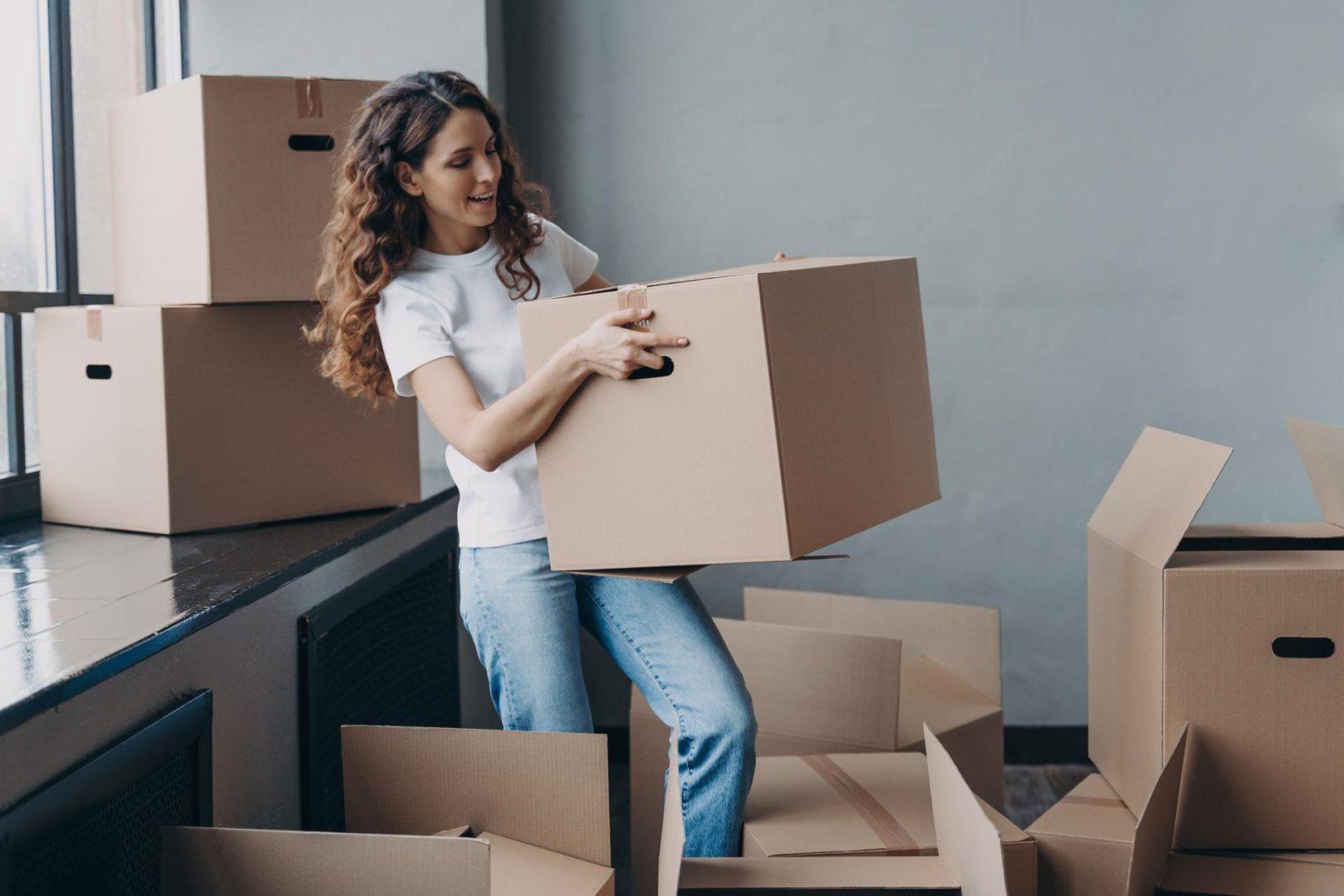 Young lady in white t-shirt is carrying cardboard box. Hispanic woman packing things and leaving.