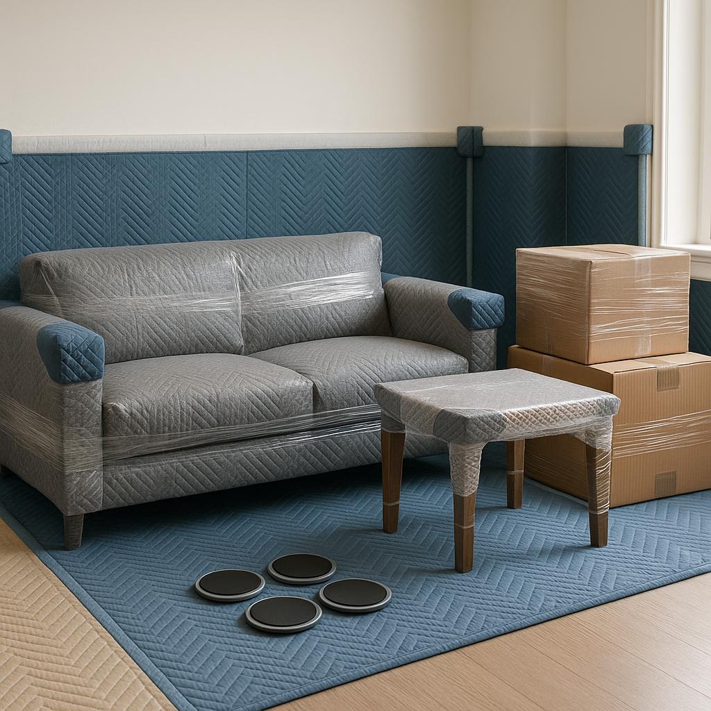A stock photo of furniture carefully wrapped with moving blankets and packing materials, ready for safe transport in a brightly-lit residential living room, with no people visible.