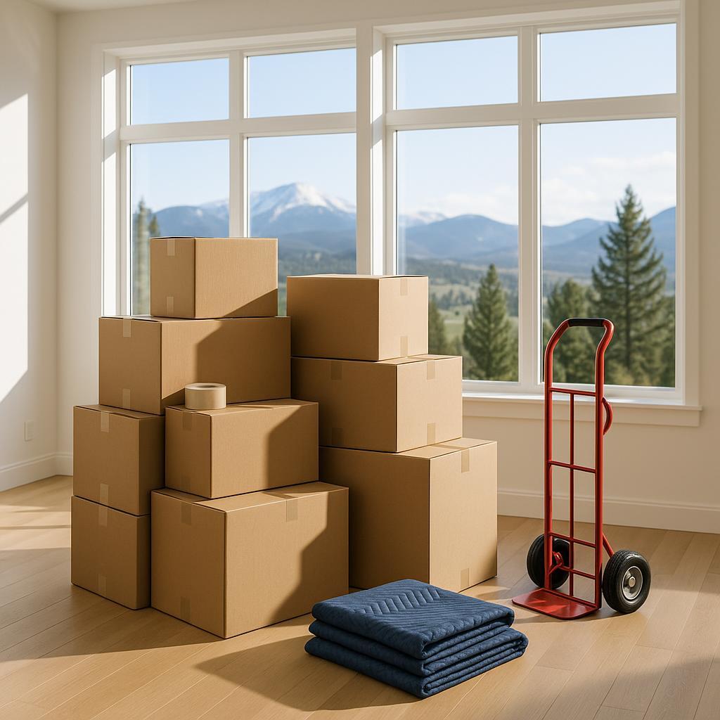 Organized moving boxes, packing supplies, and a hand truck in a modern Colorado home's living room, ready for relocation without people present.