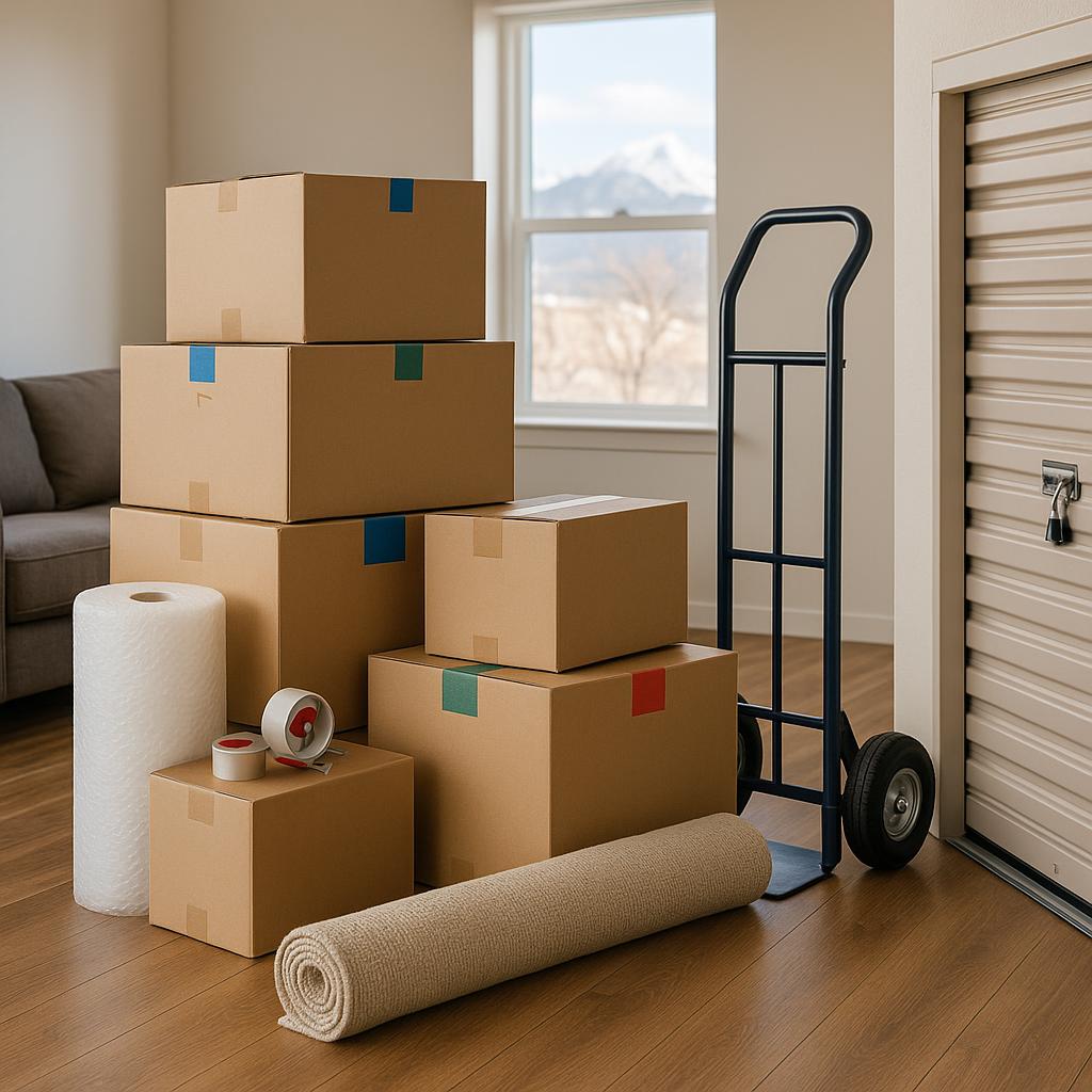 Neatly stacked moving boxes, packing supplies, and moving equipment arranged in a well-lit home, suggesting professional moving and storage services in Westminster, CO.